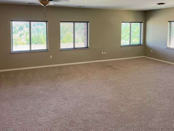 a living room with carpeted flooring, several windows, and a ceiling fan