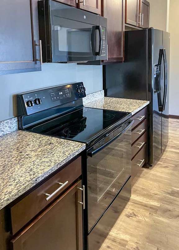 a kitchen with dark wooden cabinets, granite countertops, and black appliances