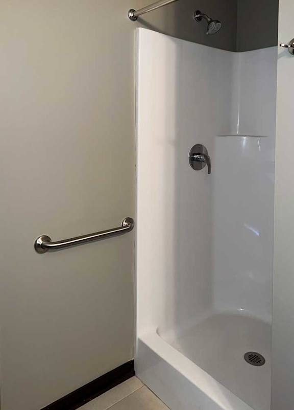 a bathroom with a walk-in shower and a towel rack