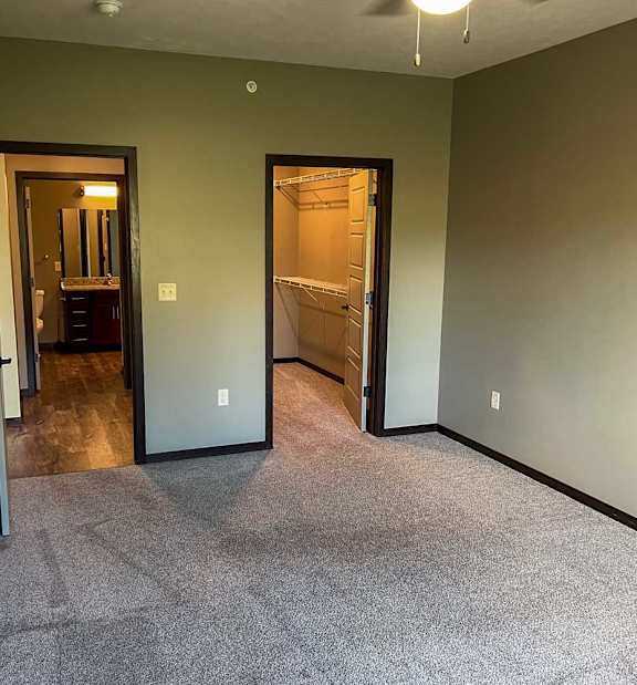 a bedroom with a carpeted floor and a walk-through closet to the bathroom