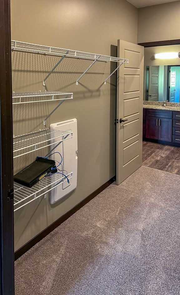 a walk-in closet with built-in shelving and hanging space, with access to the bathroom