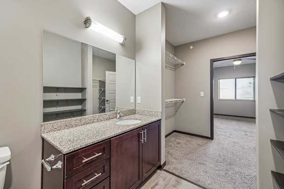 A bathroom with a sink, mirror, and toilet.