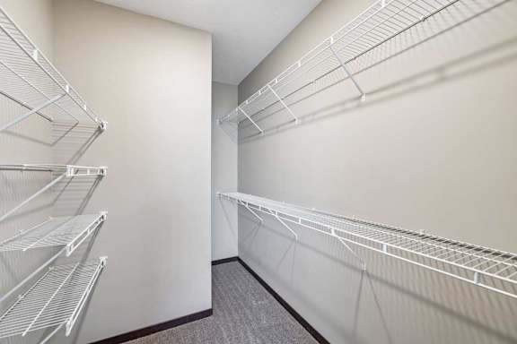 Empty walk-in closet with white shelving.