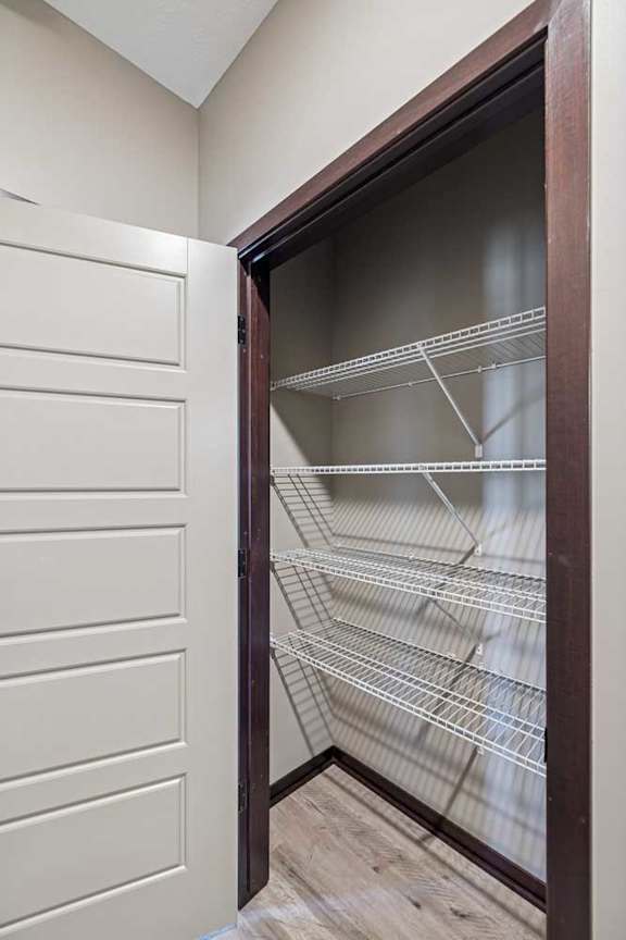 A pantry with a white door and empty shelves.