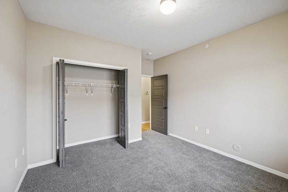 A carpeted bedroom with a double-sliding door closet.