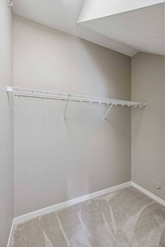 A walk-in closet with a built-in wire shelf.