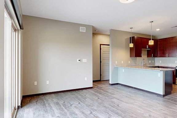 A spacious living area with neutral walls and wood-style flooring.