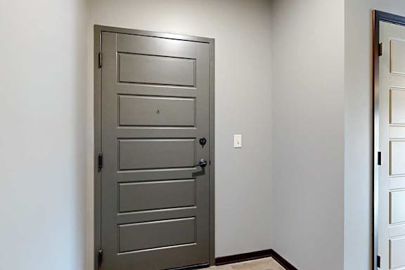 A grey front door with a coat closet off to the right.