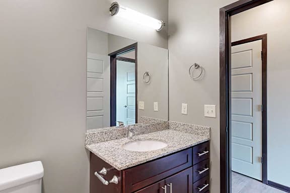 A bathroom with a granite vanity sink, mirror, overhead light fixture, and a towel ring.