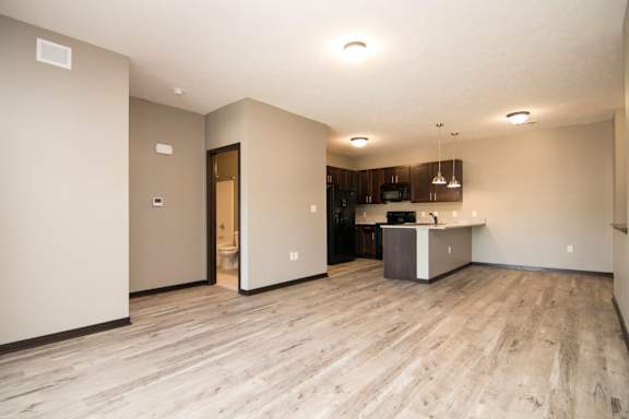 A kitchen area with a counter and cabinets.