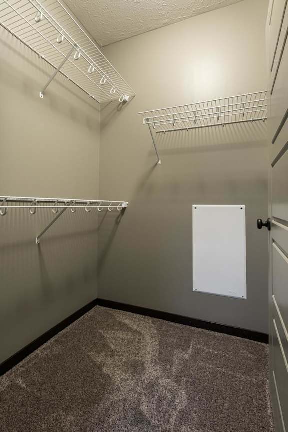 Empty walk-in closet with shelves and a door.
