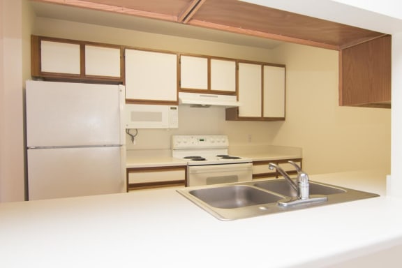 a kitchen with a sink and a refrigerator