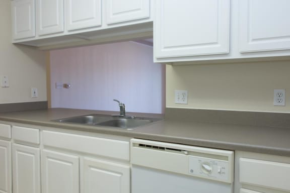 a kitchen with white cabinets and a sink and a dishwasher