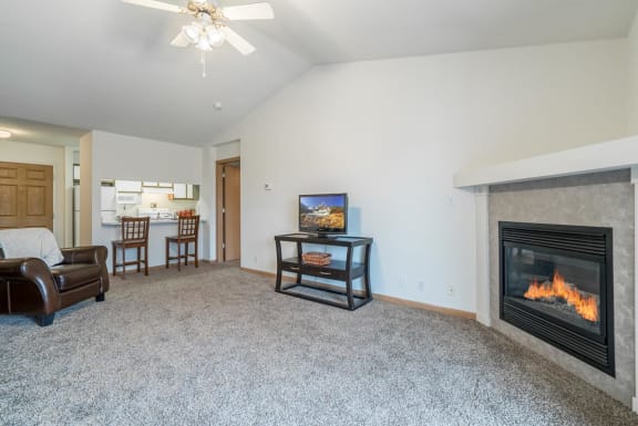a living room with a fireplace and a couch
