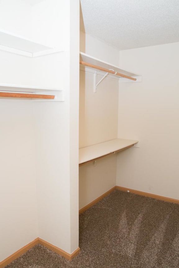 a walk in closet in an empty room with shelves