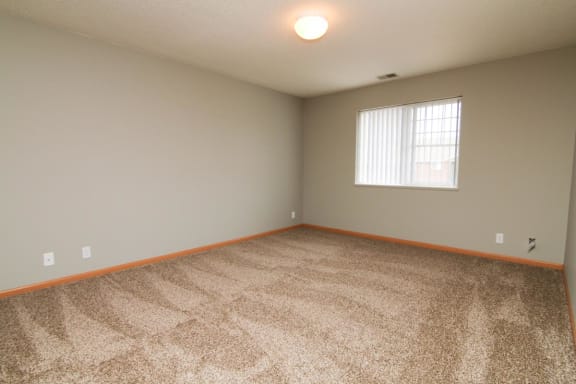 an empty living room with carpet and a window
