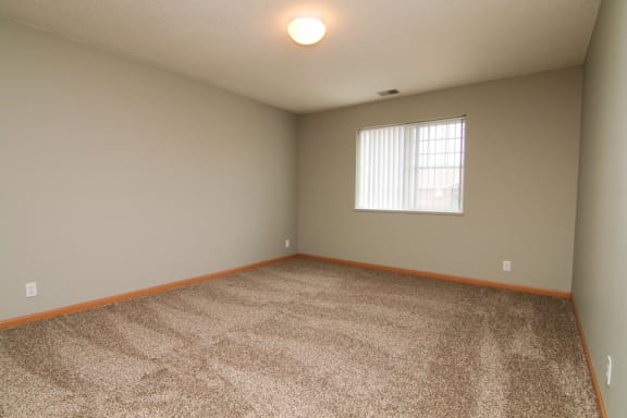 an empty living room with carpet and a window