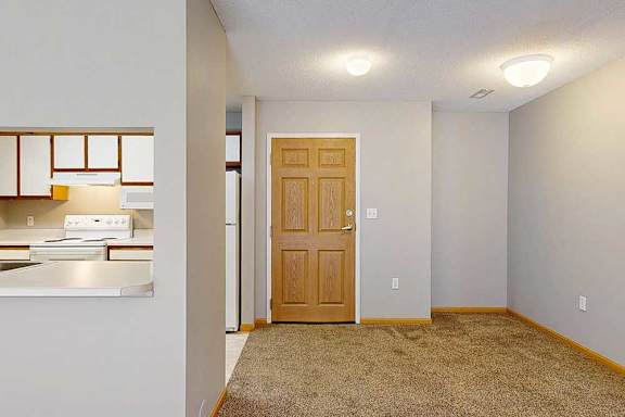 A room with a brown door and carpeted floor.