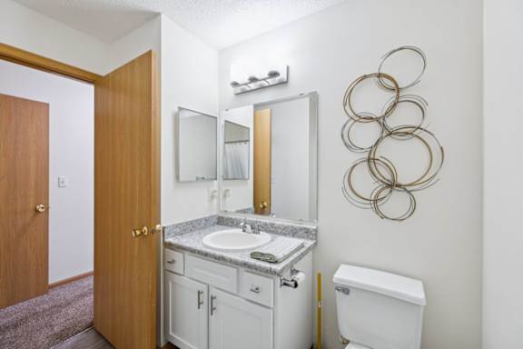 A bathroom with a toilet, sink, and mirror.