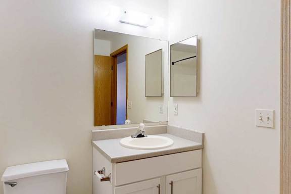 a bathroom with white cabinets, a large mirror with overhead lighting, and a mirrored medicine cabinet