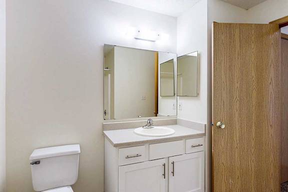 a bathroom with white cabinets, a large mirror with overhead lighting, and a mirrored medicine cabinet