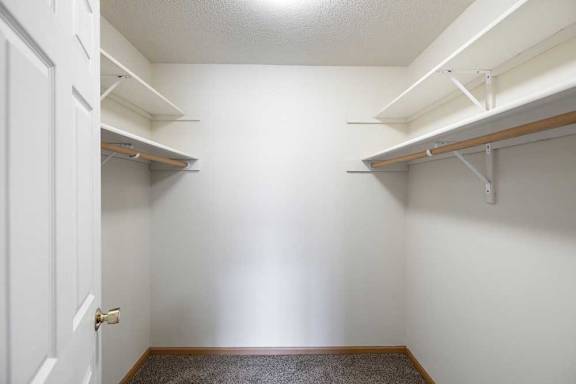A white closet with a door and shelves.