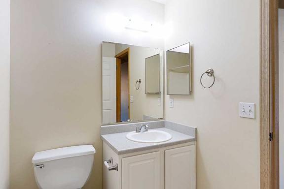 A bathroom with a toilet, sink, and mirror.