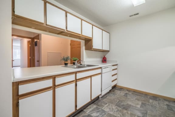 a kitchen with white cabinets and a sink