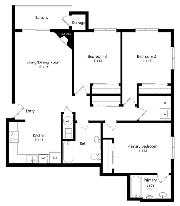 3-bed Banyan floorplan at Northridge Heights Apartments in Lincoln, NE