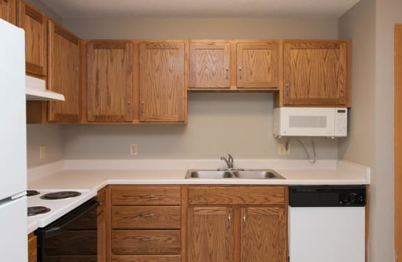 a kitchen with wooden cabinets and a stove and a sink