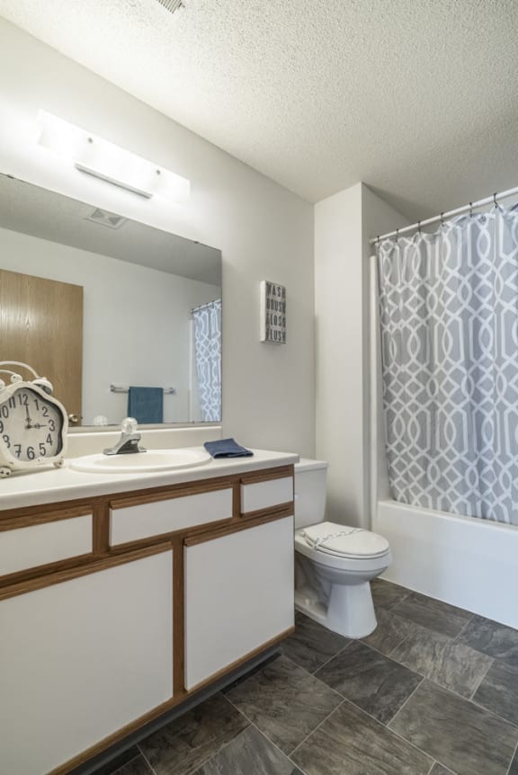 Attached bathroom with cabinet storage space and new flooring at Northridge Heights