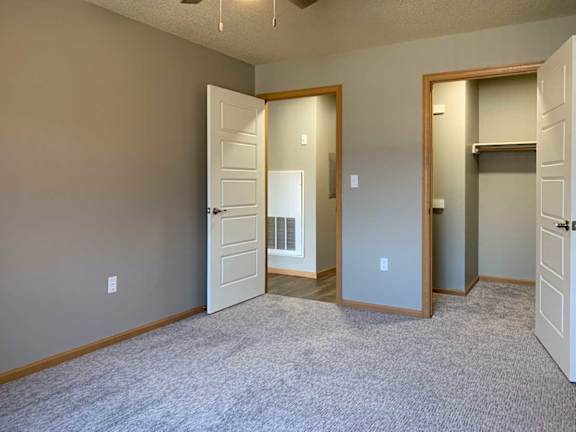 a carpeted bedroom with a walk-in closet