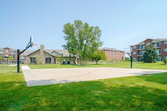 Outdoor basketball court surrounded by a green lawn and trees
