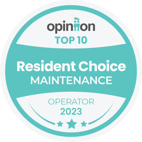 a white and teal circle with the words resident choice maintenance