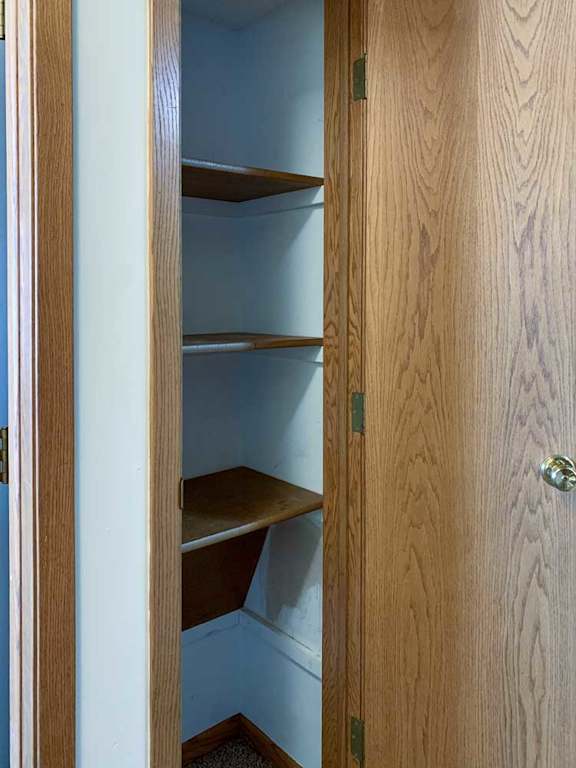 a linen closet with wooden shelves and a door