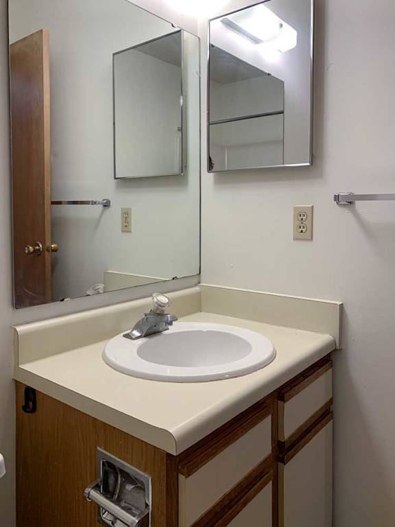 a bathroom with a sink, a tall mirror, and a mirrored medicine cabinet