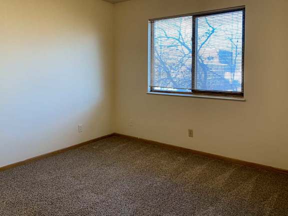 a bedroomw ith a window and carpeted flooring