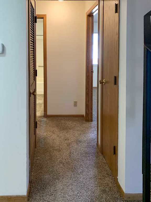 a hallway with doors to the two bedrooms on the main level
