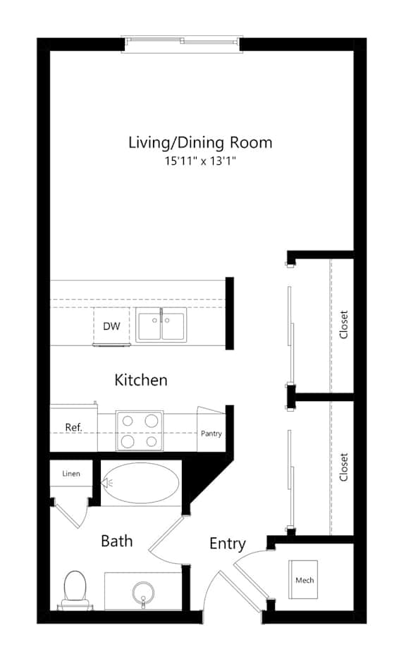 the studio, 1-bathroom, 507 square feet Shelby floor plan at Pine Lake Heights apartments in Lincoln, NE