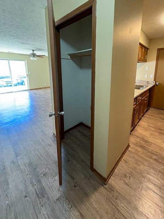 a coat closet next to the kitchen and living room