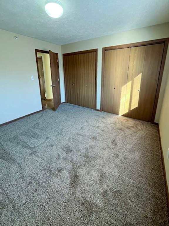 a bedroom with a carpeted floor and two side-by-side closets