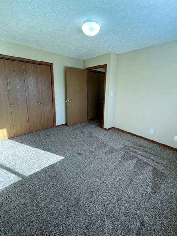 a bedroom with a carpeted floor and two side-by-side closets