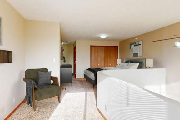 A bedroom with a bed, chair, and a cabinet.