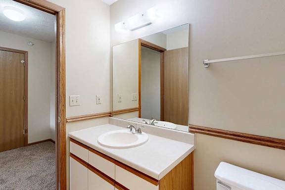 A bathroom with a vanity sink, mirror, towel rack, and overhead lighting.