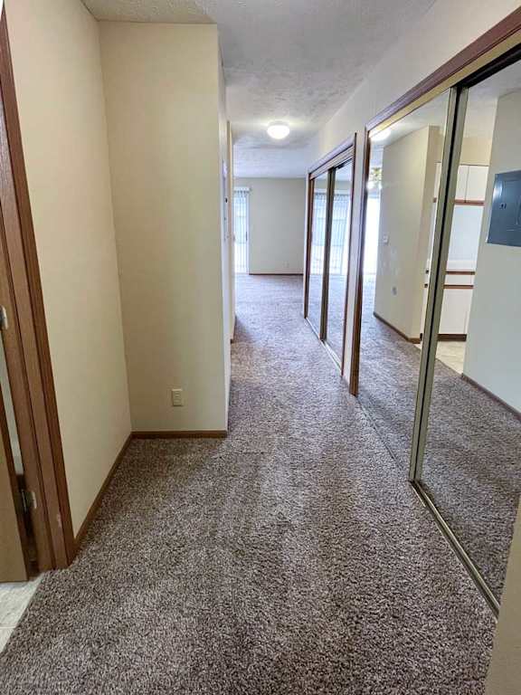 a hallway with a carpeted floor and mirrored closet doors