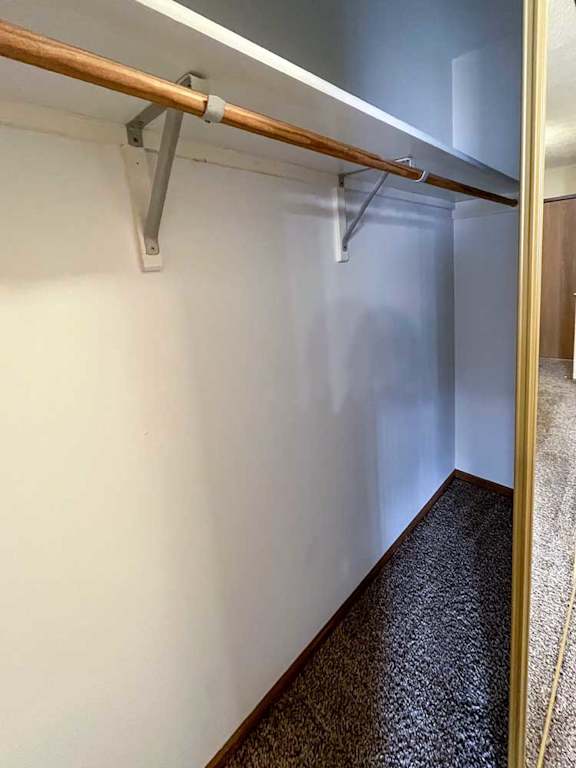 a closet with a white built-in shelf and hanging bar, with a door with a mirror