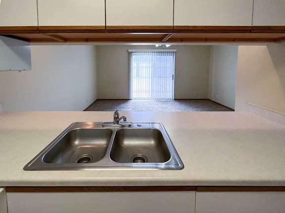 a kitchen with a double sink and a window to the living room