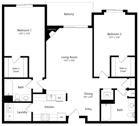 the 2-bedroom River floorplan at Pinebrook apartments in Lincoln, NE