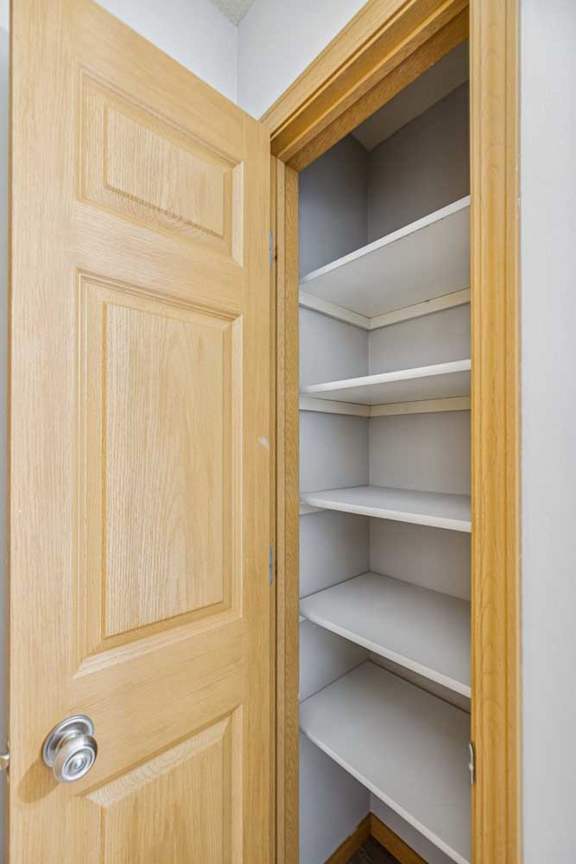 A wooden door with a handle and shelves inside.