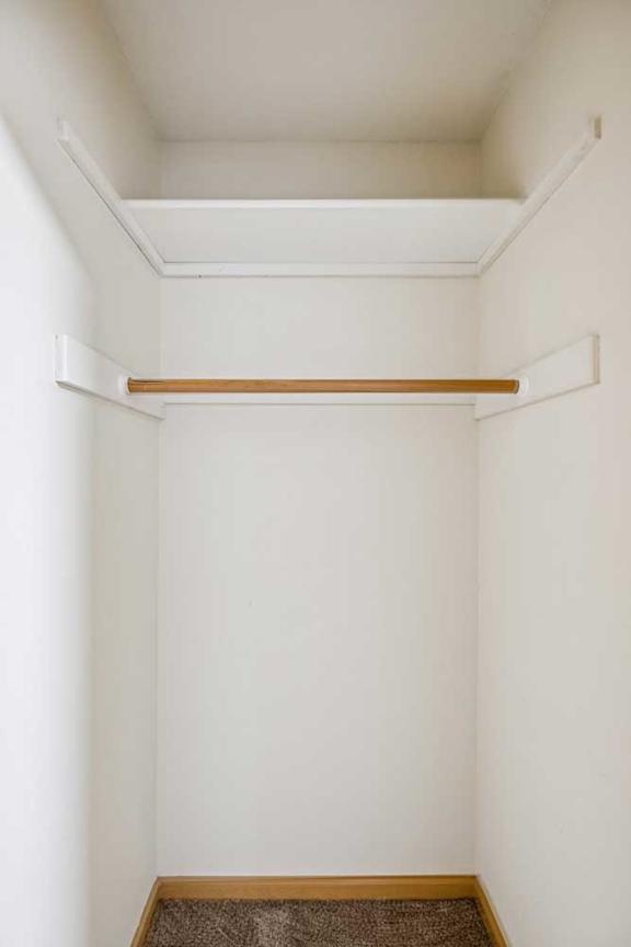 A white wall with a shelf and a brown carpet.